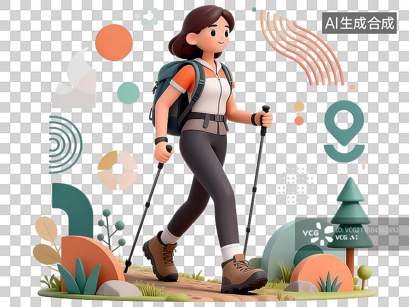 【AI数字艺术】户外徒步女孩3D立体C4D渲染几何装饰活力氛围体育项目卡通插画元素图片素材