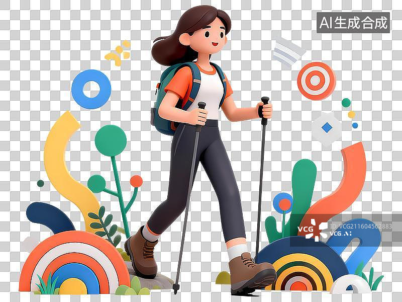【AI数字艺术】户外徒步女孩3D立体C4D渲染几何装饰活力氛围体育项目卡通插画元素图片素材