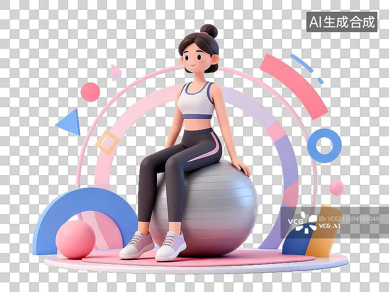 【AI数字艺术】健身球女孩3D立体C4D渲染几何装饰活力氛围体育项目卡通插画元素图片素材