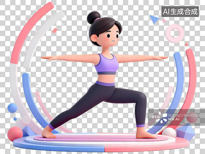 【AI数字艺术】瑜伽女孩3D立体C4D渲染几何装饰活力氛围体育项目卡通插画元素图片素材
