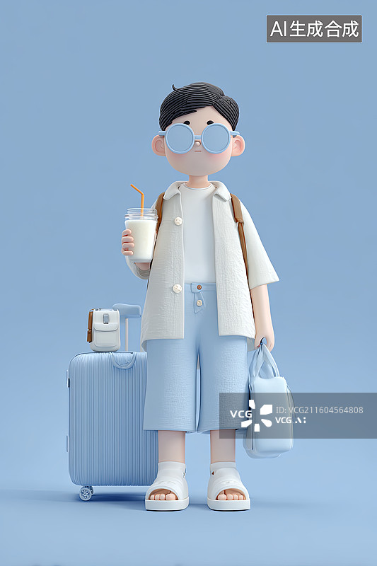 【AI数字艺术】卡通人物手持饮品与行李箱图片素材