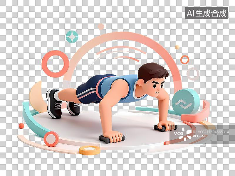 【AI数字艺术】男性平板支撑3D立体C4D渲染醒目强对比激情氛围体育项目卡通插画元素图片素材