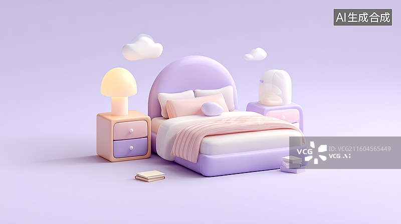 【AI数字艺术】梦幻紫色卧室场景图片素材