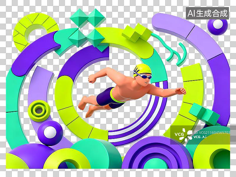 【AI数字艺术】游泳男孩3D立体C4D渲染醒目强对比激情氛围体育项目卡通插画元素图片素材