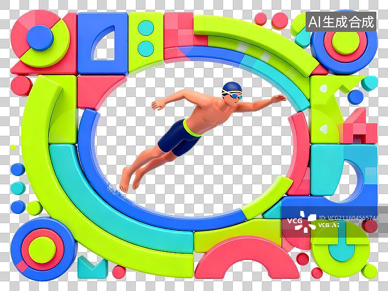【AI数字艺术】游泳男孩3D立体C4D渲染醒目强对比激情氛围体育项目卡通插画元素图片素材