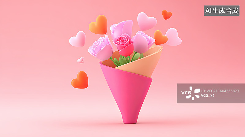 【AI数字艺术】粉色花束与爱心装饰图片素材