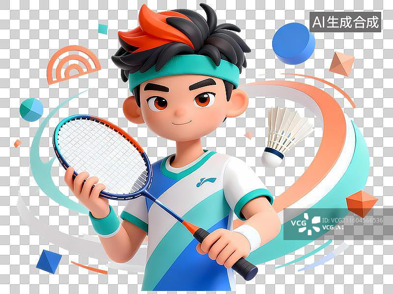 【AI数字艺术】羽毛球拍半身像男性3D立体C4D渲染醒目强对比激情氛围体育项目卡通插画元素图片素材