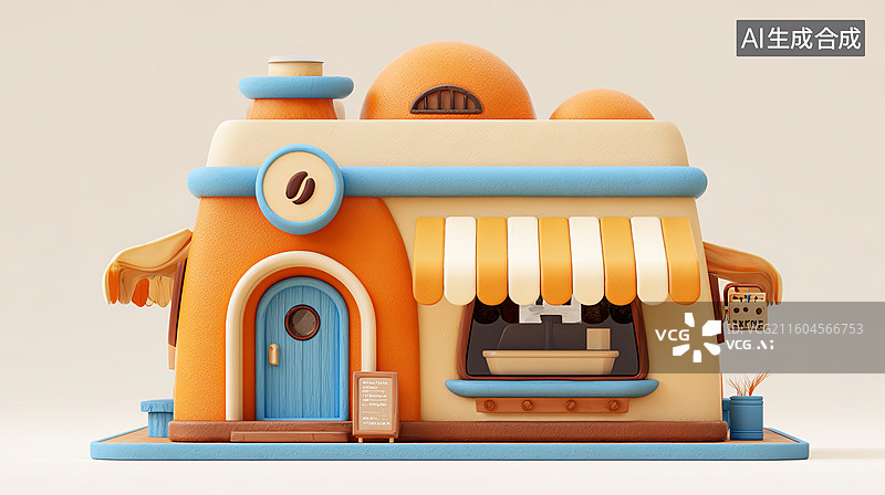 【AI数字艺术】卡通风格咖啡店建筑模型图片素材