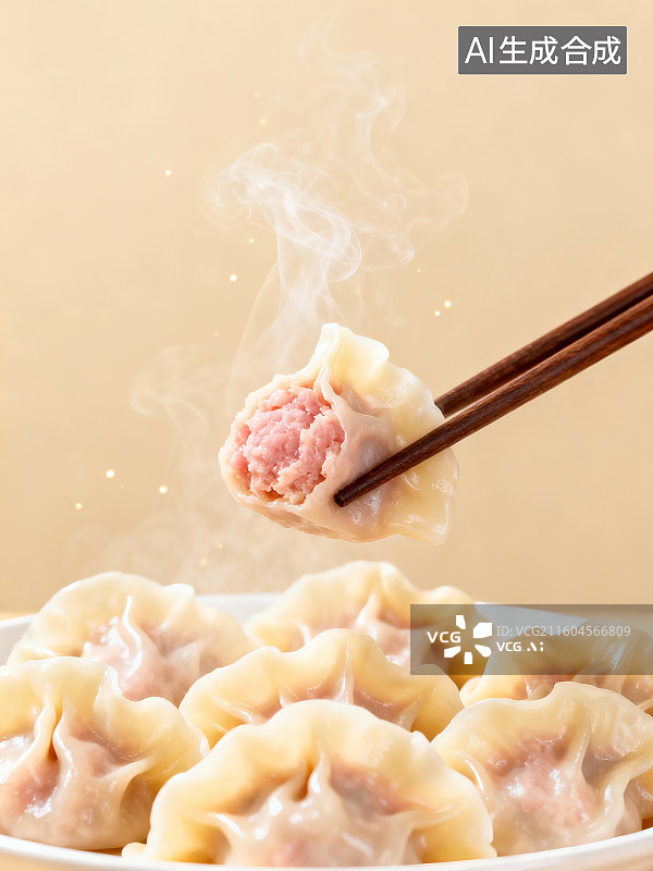 【AI数字艺术】冬至,春节,猪肉饺子,肉馅特写,筷子夹取,蒸汽效果,暖色调背景,写实摄影,美食质感,中式传统美食,食图片素材