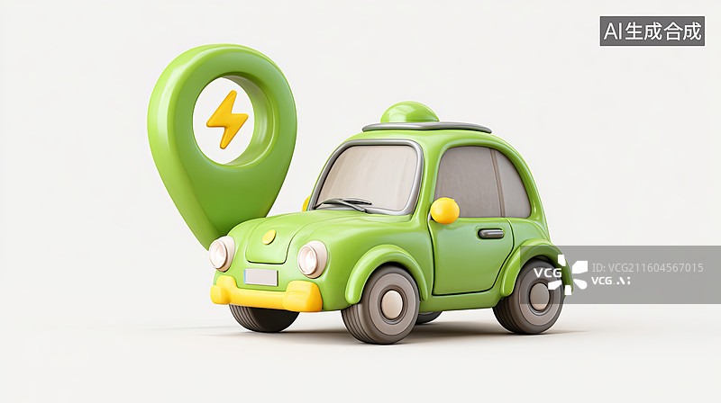 【AI数字艺术】绿色电动汽车与定位图标图片素材