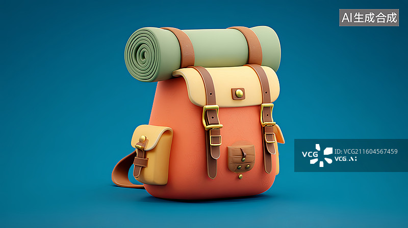 【AI数字艺术】橙色背包配卷起的睡垫图片素材
