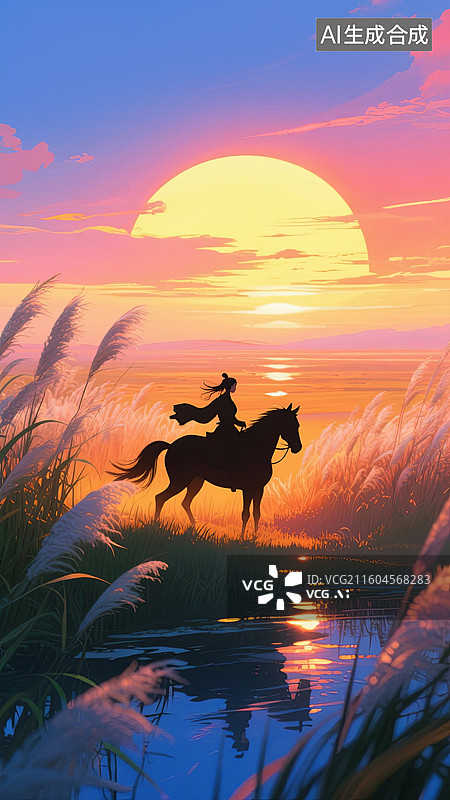 【AI数字艺术】夕阳芦苇荡中骑马的女侠国风插画图片素材