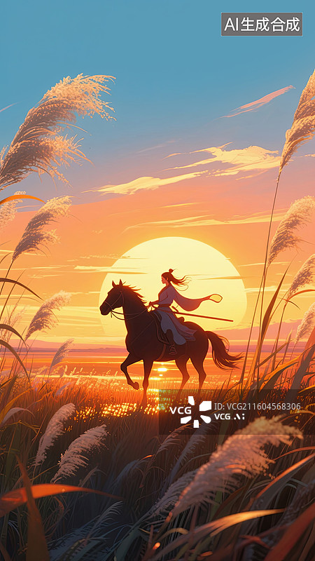 【AI数字艺术】夕阳芦苇荡中骑马的女侠国风插画图片素材