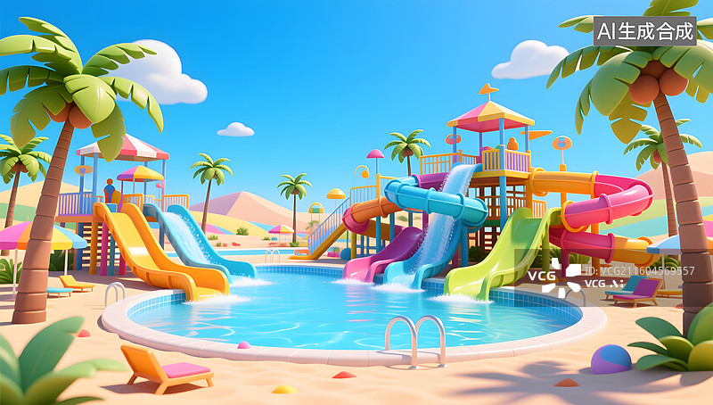 【AI数字艺术】儿童水上乐园的三维渲染图片素材