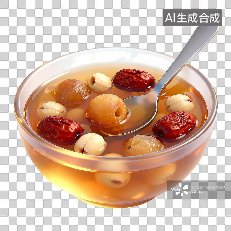 【AI数字艺术】红枣桂圆莲子汤结婚主题3D卡通C4D渲染轻拟物磨砂半透明质感插画元素图片素材