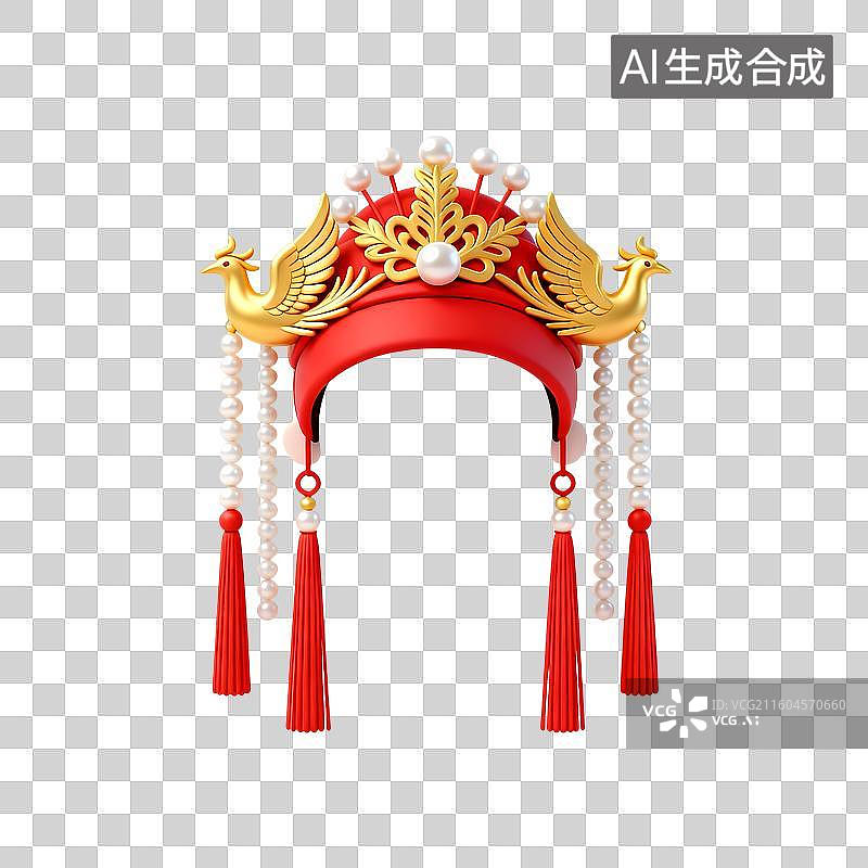 【AI数字艺术】凤冠头饰古典结婚主题3D卡通C4D渲染轻拟物磨砂半透明质感插画元素图片素材