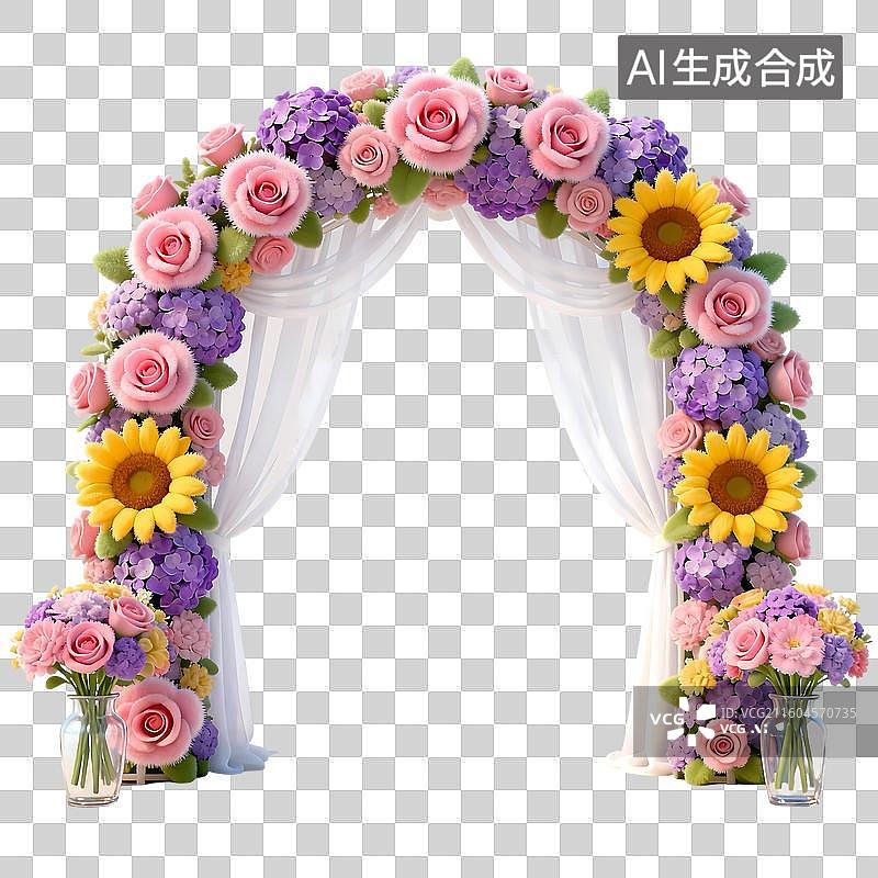 【AI数字艺术】鲜花拱门结婚主题3D卡通C4D渲染轻拟物磨砂半透明质感插画元素图片素材