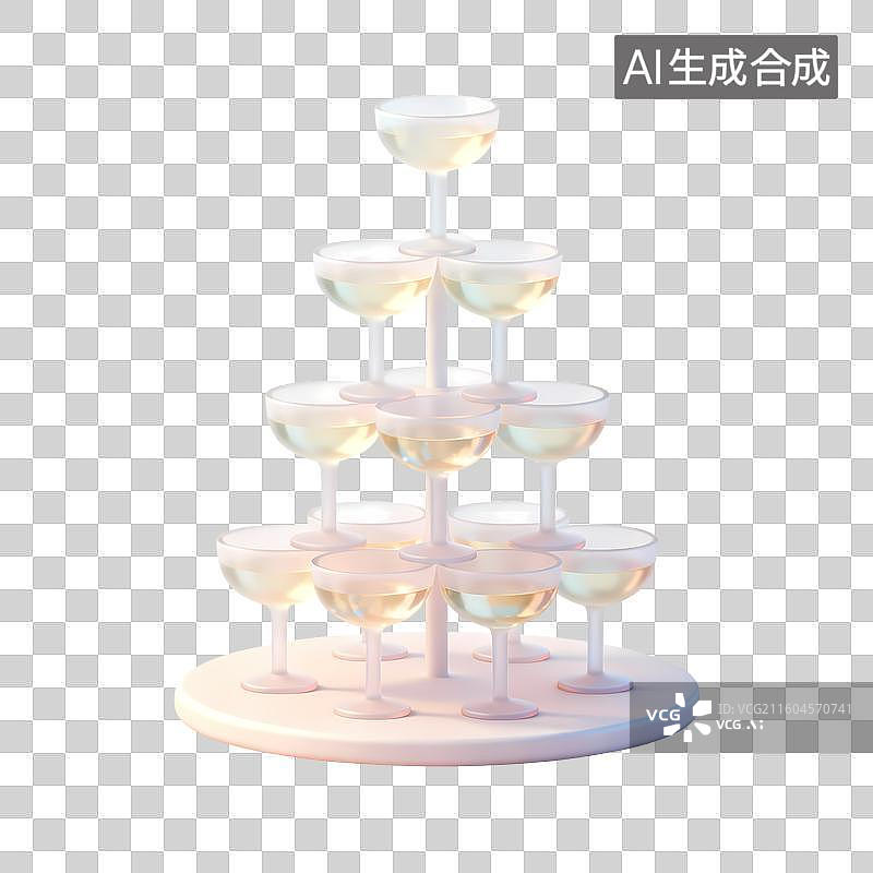 【AI数字艺术】香槟塔结婚主题3D卡通C4D渲染轻拟物磨砂半透明质感插画元素图片素材