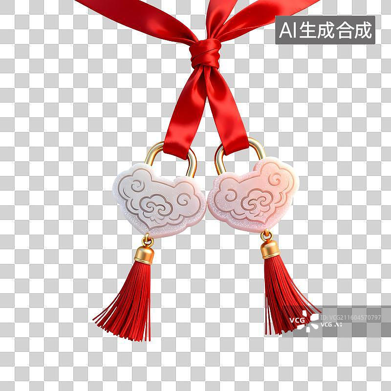【AI数字艺术】同心锁玉牌结婚主题3D卡通C4D渲染轻拟物磨砂半透明质感插画元素图片素材