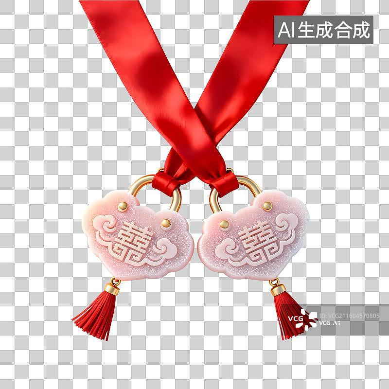 【AI数字艺术】同心锁玉牌结婚主题3D卡通C4D渲染轻拟物磨砂半透明质感插画元素图片素材