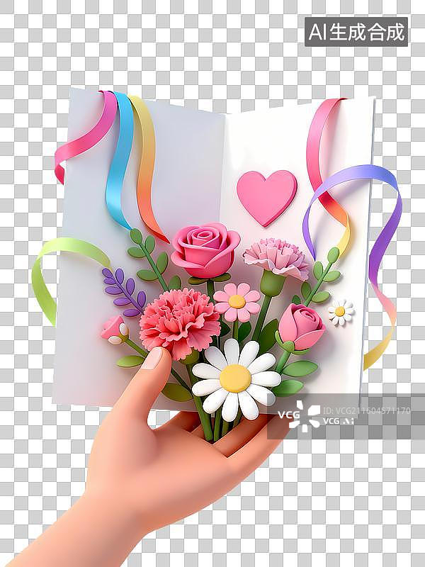 【AI数字艺术】手持折纸贺卡鲜花爱心母亲节3D卡通C4D渲染轻拟物磨砂半透明质感插画元素图片素材