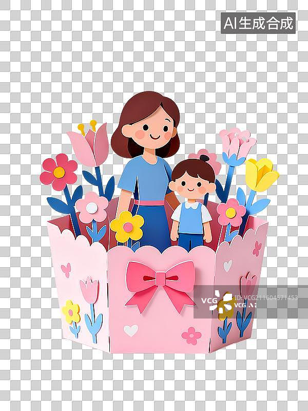 【AI数字艺术】妈妈和孩子站立在花丛和礼盒中母亲节节日3D立体童趣仿真折纸剪纸风图片素材