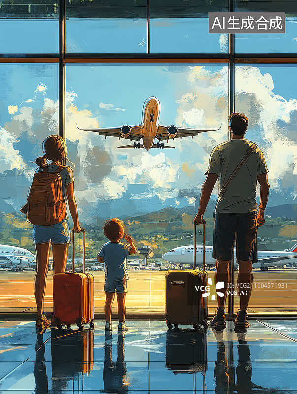 【AI数字艺术】家庭旅客在机场候机厅等待出发图片素材