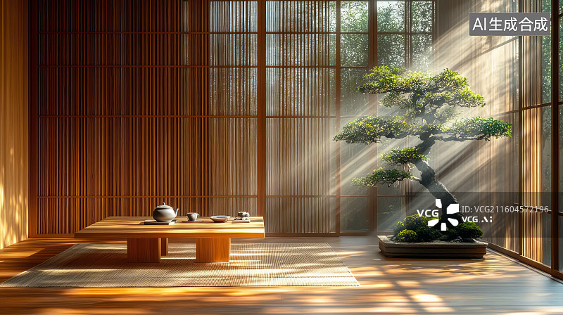 【AI数字艺术】日式禅意茶室会客厅室内设计图片素材