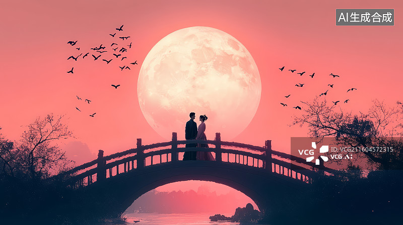 【AI数字艺术】中国风七夕节日牛郎织女鹊桥相会海报插画图片素材