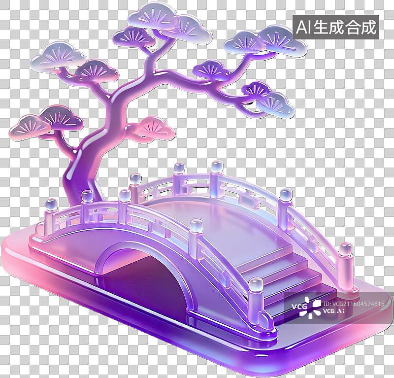 【AI数字艺术】梦幻桥梁与松树艺术装置图片素材