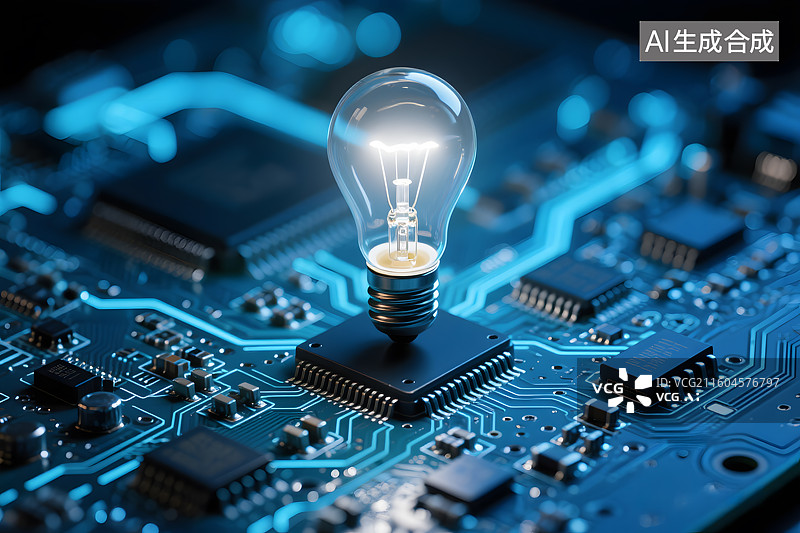 【AI数字艺术】电路板上的创意灯泡图片素材