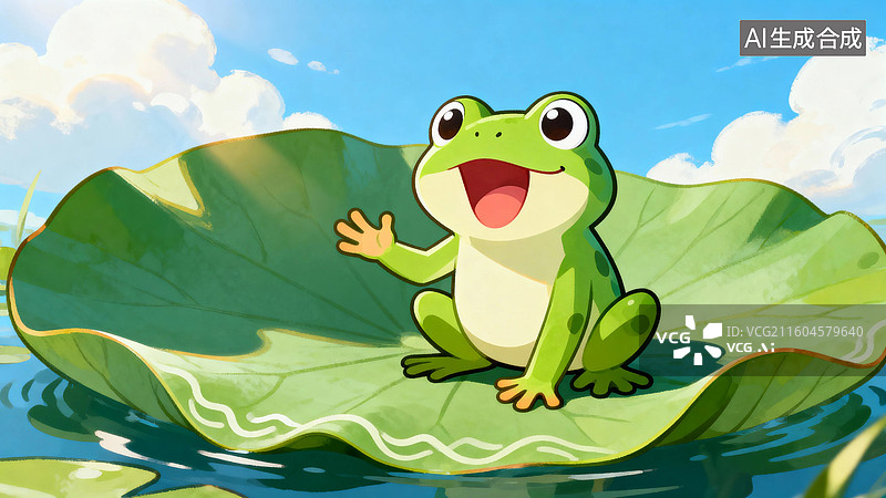 【AI数字艺术】青蛙坐在荷叶上微笑图片素材