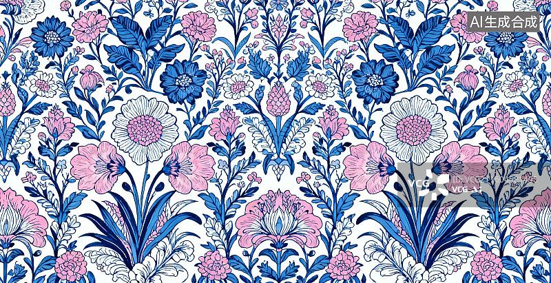 【AI数字艺术】蓝粉花卉图案背景图片素材