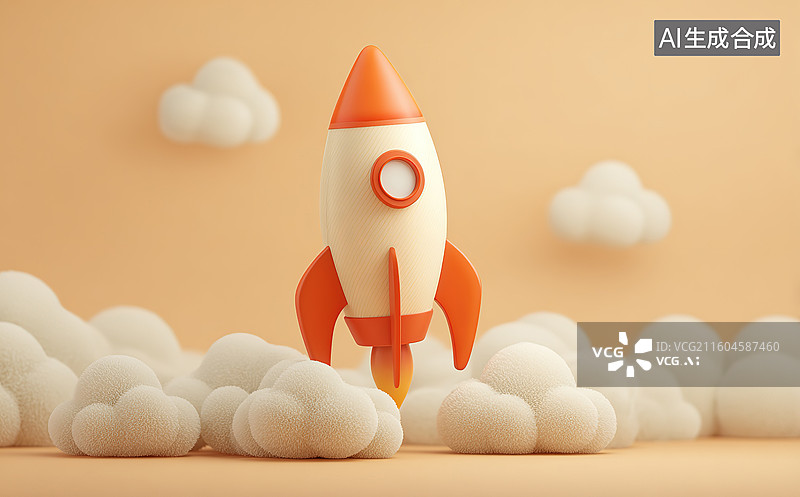 【AI数字艺术】橙白火箭升空云层中图片素材