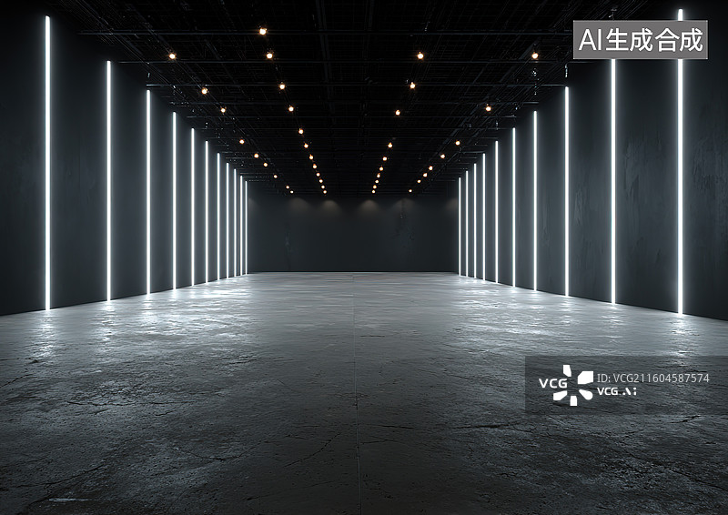 【AI数字艺术】灯光照亮的空旷工业空间图片素材