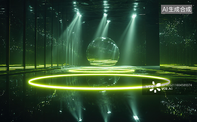 【AI数字艺术】发光球体悬浮于光影空间图片素材