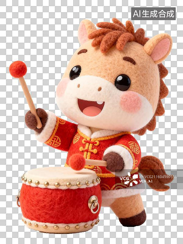 【AI数字艺术】敲鼓的可爱小马3D卡通毛毡风格免抠元素图片素材