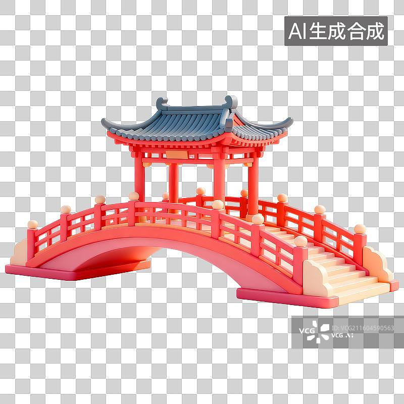 【AI数字艺术】3D立体卡通中式桥梁免抠元素图片素材
