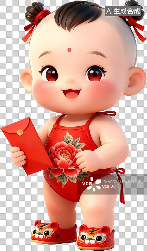 【AI数字艺术】新年年画娃娃穿肚兜婴儿虎头鞋拿着红包喜庆祝福百年元素图片素材