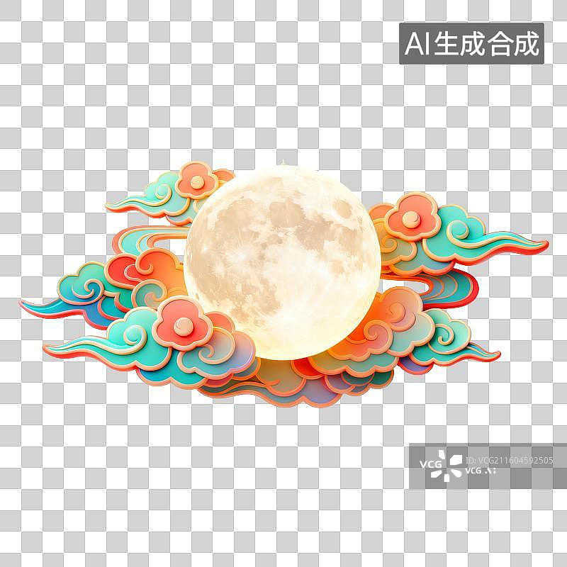 【AI数字艺术】3D立体月亮满月祥云节日免抠元素图片素材