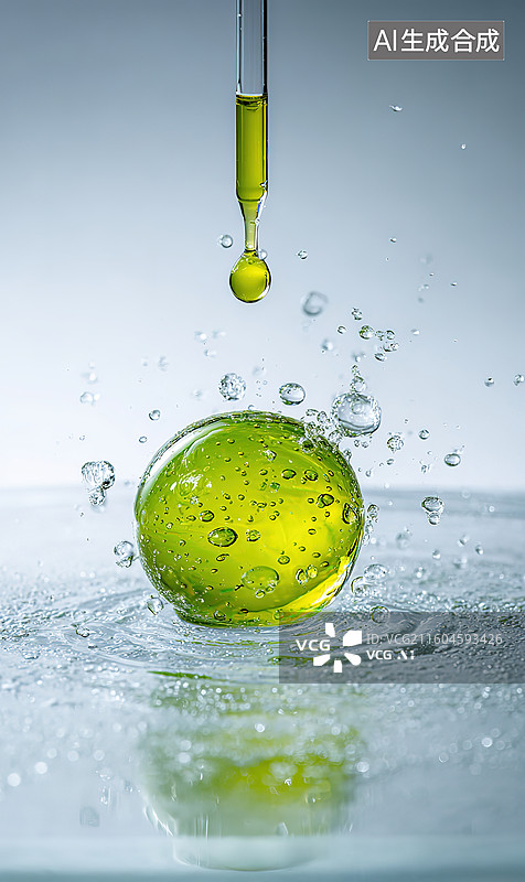 【AI数字艺术】绿色液滴落入水面形成球状图片素材