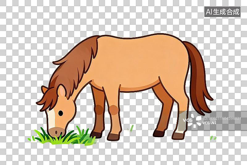 【AI数字艺术】卡通风格，正在吃草的骏马PNG格式的免扣元素图片素材
