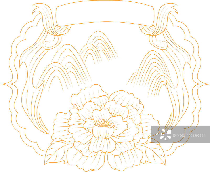 线条风国风山水牡丹花边框图片素材