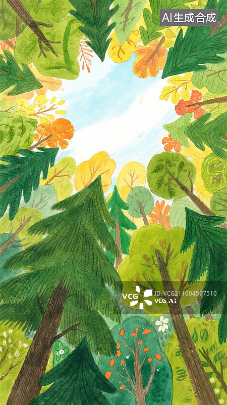 【AI数字艺术】多彩森林落叶立秋节气绘本水彩画，春天公园里的树木，秋天树林插画 竖版图片素材