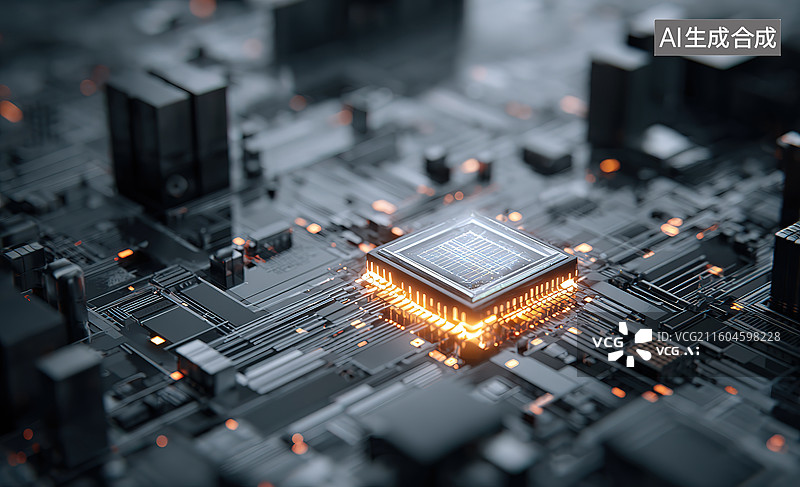 【AI数字艺术】发光芯片与电路板特写图片素材