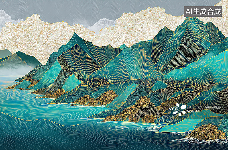 【AI数字艺术】青绿山水湖光山色图片素材