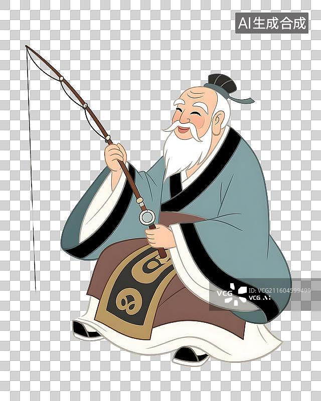 【AI数字艺术】AIGC：姜太公钓鱼，古代人物，历史插图插画，元素，免抠图形图片素材