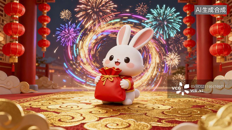 【AI数字艺术】手持红包的卡通白兔贺岁场景图片素材