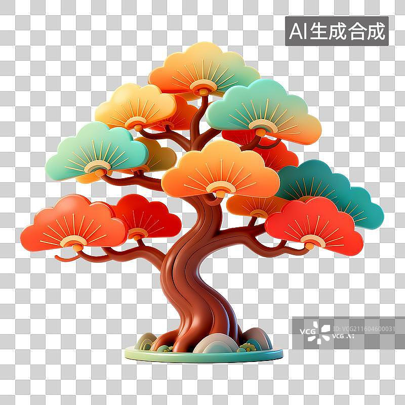 【AI数字艺术】3D立体卡通国风松柏树插画免抠元素图片素材