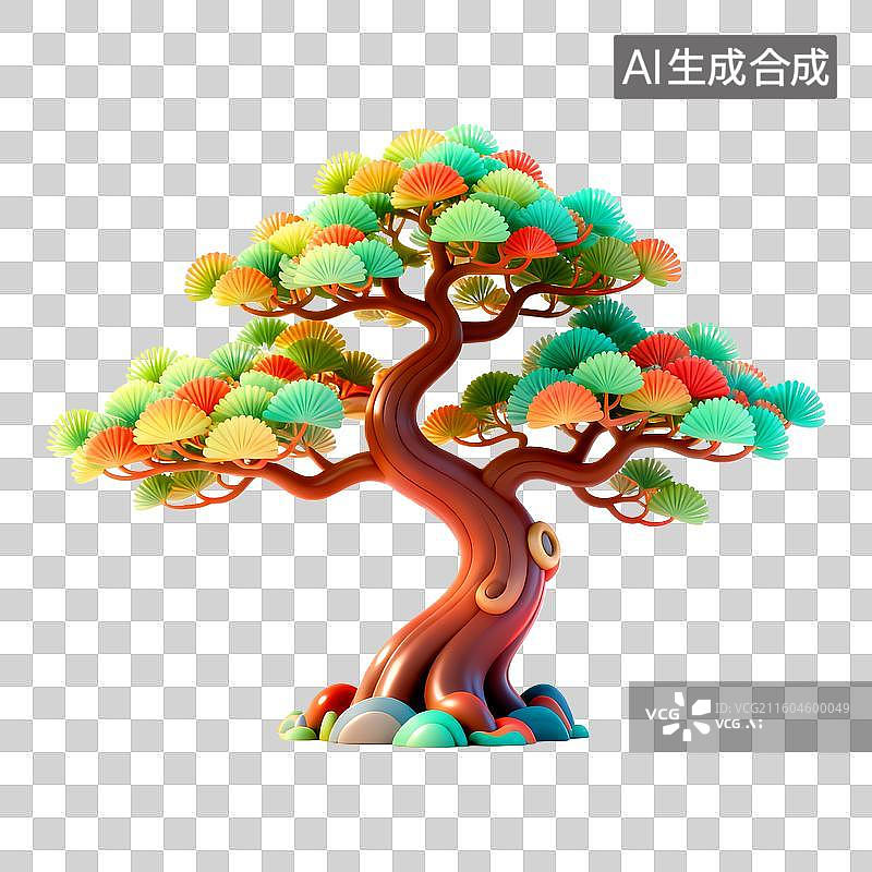 【AI数字艺术】3D立体卡通国风松柏树插画免抠元素图片素材